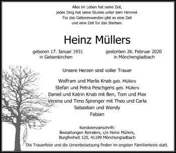 Traueranzeige von Heinz Müllers von trauer.extra-tipp-moenchengladbach.de