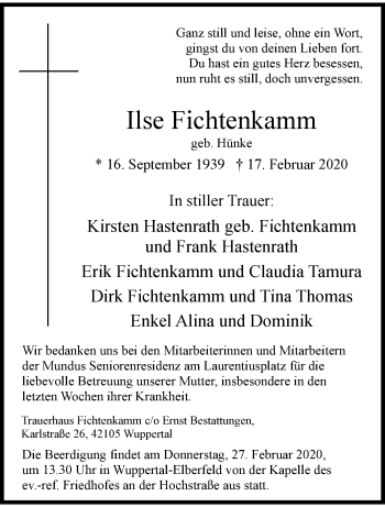 Traueranzeige von Ilse Fichtenkamm von trauer.wuppertaler-rundschau.de