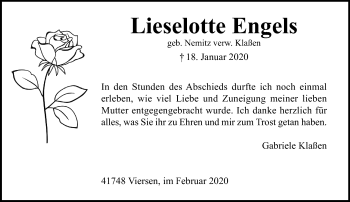 Traueranzeige von Lieselotte Engels von trauer.extra-tipp-moenchengladbach.de