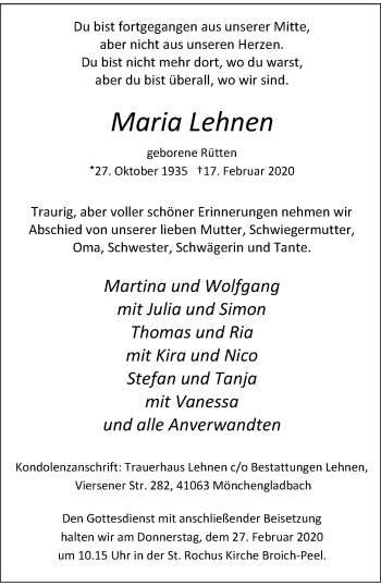 Traueranzeige von Maria Lehnen von trauer.extra-tipp-moenchengladbach.de
