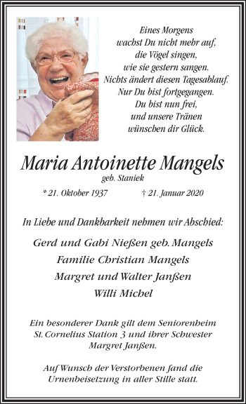 Traueranzeige von Maria Antoinette Mangels von trauer.extra-tipp-moenchengladbach.de