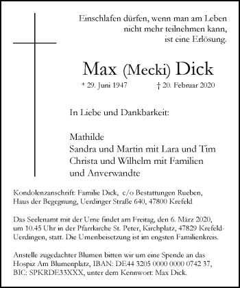 Traueranzeige von Max Dick von trauer.mein.krefeld.de