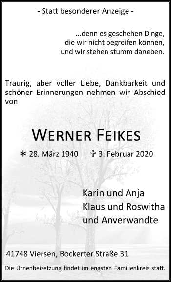 Traueranzeige von Werner Feikes von trauer.extra-tipp-moenchengladbach.de