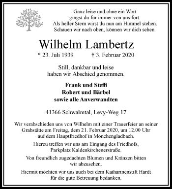 Traueranzeige von Wilhelm Lambertz von trauer.extra-tipp-moenchengladbach.de