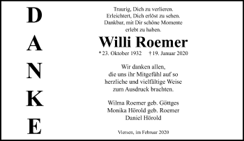 Traueranzeige von Willi Roemer von trauer.extra-tipp-moenchengladbach.de