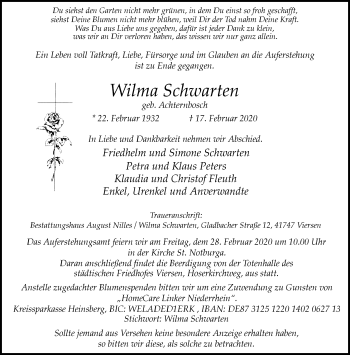 Traueranzeige von Wilma Schwarten von trauer.extra-tipp-moenchengladbach.de