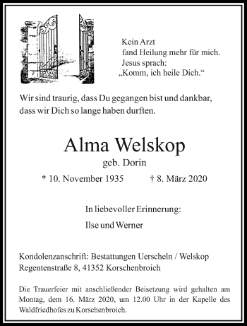 Traueranzeige von Alma Welskop von trauer.extra-tipp-moenchengladbach.de