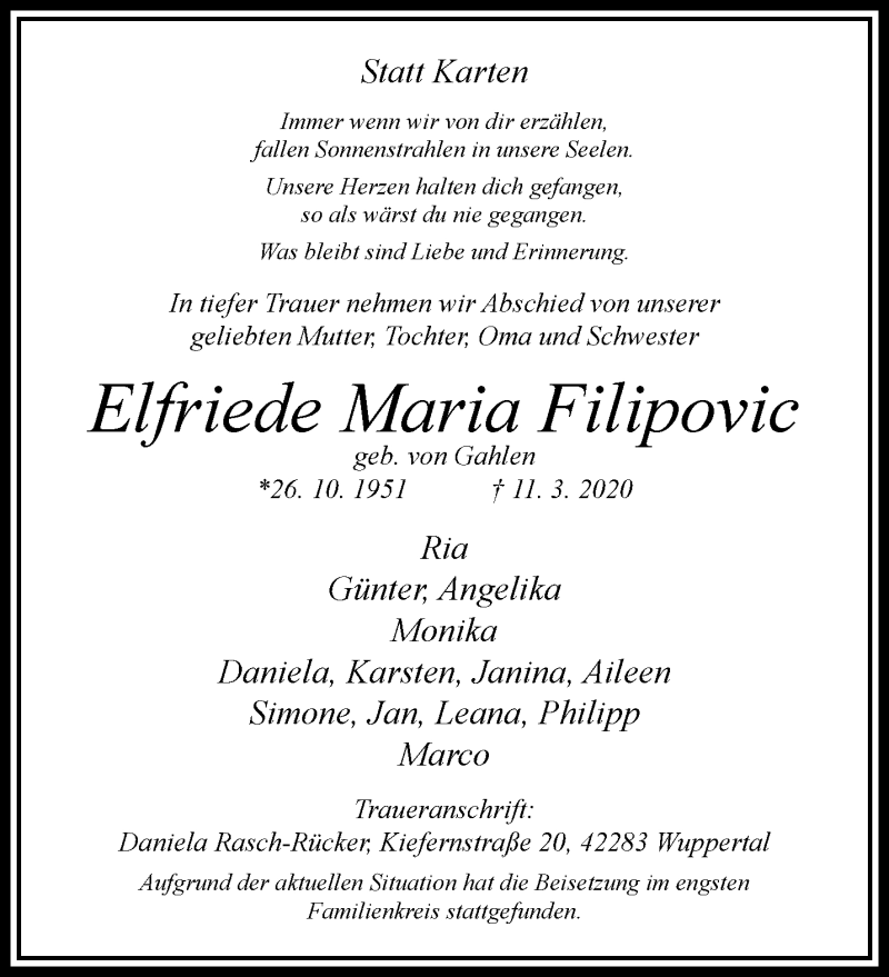  Traueranzeige für Elfriede Maria Filipovic vom 28.03.2020 aus trauer.wuppertaler-rundschau.de