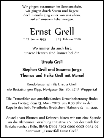 Traueranzeige von Ernst Grell von trauer.wuppertaler-rundschau.de