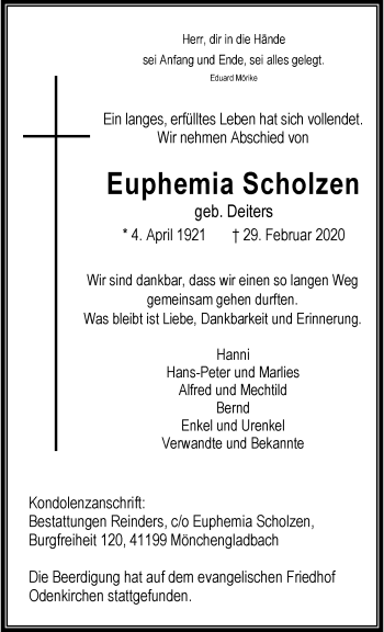 Traueranzeige von Euphemia Scholzen von trauer.extra-tipp-moenchengladbach.de