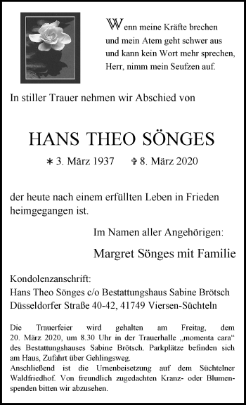 Traueranzeige von Hans Theo Sönges von trauer.extra-tipp-moenchengladbach.de