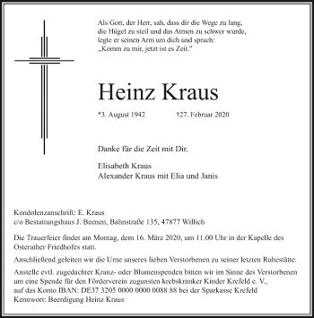 Traueranzeige von Heinz Kraus von trauer.extra-tipp-moenchengladbach.de