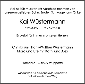 Traueranzeige von Kai Wüstermann von trauer.wuppertaler-rundschau.de