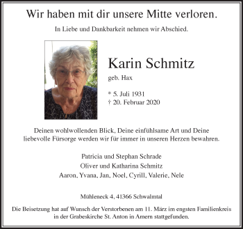 Traueranzeige von Karin Schmitz von trauer.extra-tipp-moenchengladbach.de