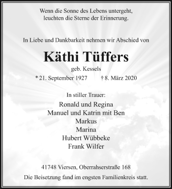 Traueranzeige von Käthi Tüffers von trauer.extra-tipp-moenchengladbach.de