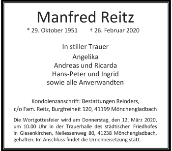 Traueranzeige von Manfred Reitz von trauer.extra-tipp-moenchengladbach.de