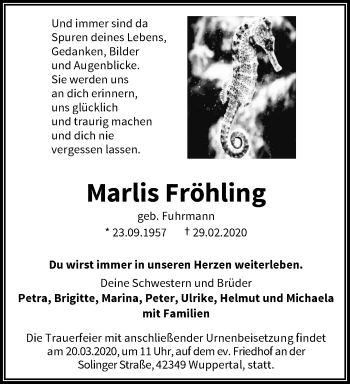 Traueranzeige von Marlis Fröhling von trauer.wuppertaler-rundschau.de