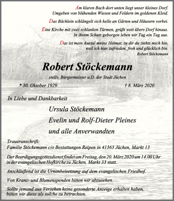 Traueranzeige von Robert Stöckemann von trauer.stadt-kurier.de