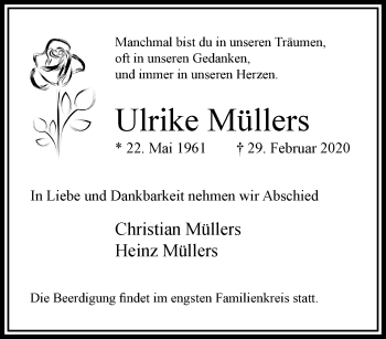 Traueranzeige von Ulrike Müllers von trauer.extra-tipp-moenchengladbach.de