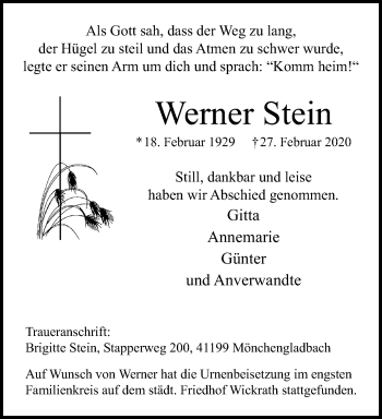 Traueranzeige von Werner Stein von trauer.extra-tipp-moenchengladbach.de