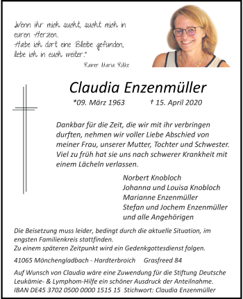Traueranzeige von Claudia Enzenmüller von trauer.extra-tipp-moenchengladbach.de