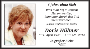 Traueranzeige von Doris Hübner von trauer.wuppertaler-rundschau.de