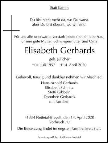 Traueranzeige von Elisabeth Gerhards von trauer.extra-tipp-moenchengladbach.de