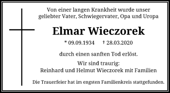 Traueranzeige von Elmar Wieczorek von trauer.wuppertaler-rundschau.de