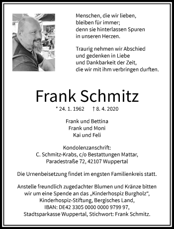 Traueranzeige von Frank Schmitz von trauer.wuppertaler-rundschau.de