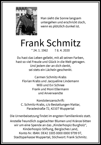 Traueranzeige von Frank Schmitz von trauer.wuppertaler-rundschau.de