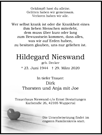 Traueranzeige von Hildegard Nieswand von trauer.wuppertaler-rundschau.de