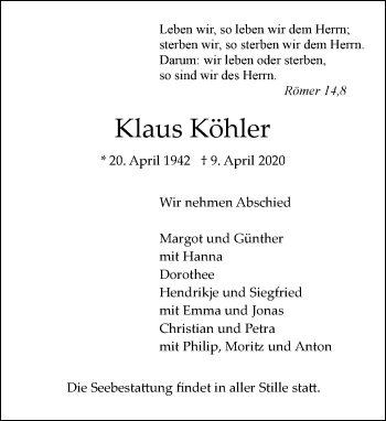 Traueranzeige von Klaus Köhler von trauer.extra-tipp-moenchengladbach.de