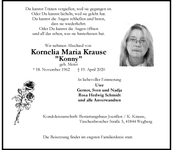 Traueranzeige von Kornelia Maria Krause von trauer.extra-tipp-moenchengladbach.de