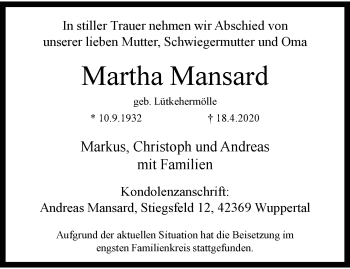 Traueranzeige von Martha Mansard von trauer.wuppertaler-rundschau.de
