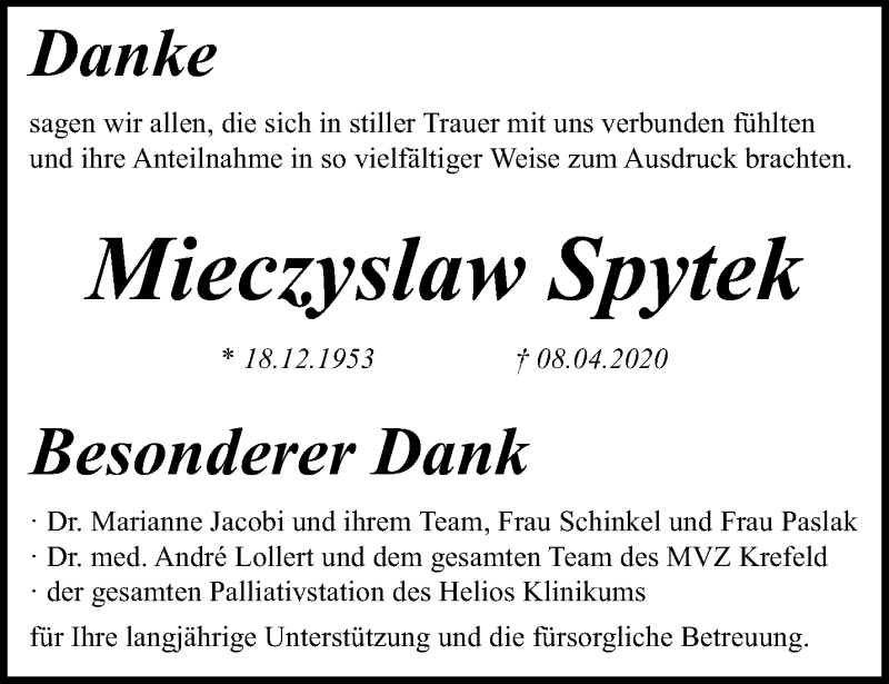  Traueranzeige für Mieczyslaw Spytek vom 26.04.2020 aus trauer.mein.krefeld.de