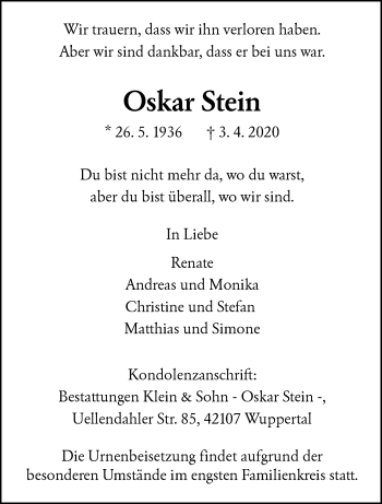 Traueranzeige von Oskar Stein von trauer.wuppertaler-rundschau.de