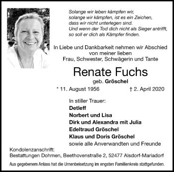Traueranzeige von Renate Fuchs von trauer.extra-tipp-moenchengladbach.de