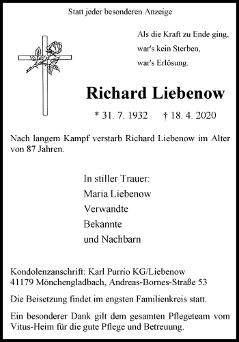 Traueranzeige von Richard Liebenow von trauer.extra-tipp-moenchengladbach.de