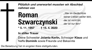 Traueranzeige von Roman Szwarczynski von trauer.wuppertaler-rundschau.de