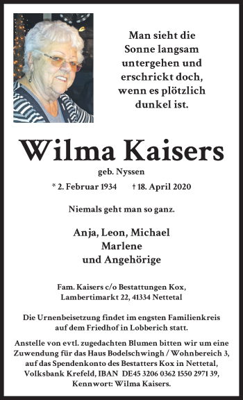 Traueranzeige von Wilma Kaisers von trauer.extra-tipp-moenchengladbach.de