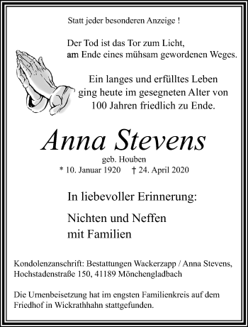 Traueranzeige von Anna Stevens von trauer.extra-tipp-moenchengladbach.de