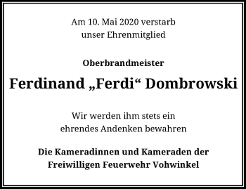 Traueranzeige von Ferdinand Dombrowski von trauer.wuppertaler-rundschau.de