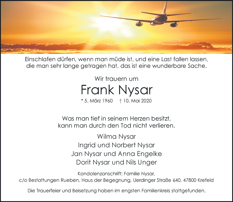  Traueranzeige für Frank Nysar vom 24.05.2020 aus trauer.mein.krefeld.de