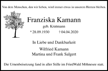 Traueranzeige von Franziska Kamann von trauer.mein.krefeld.de