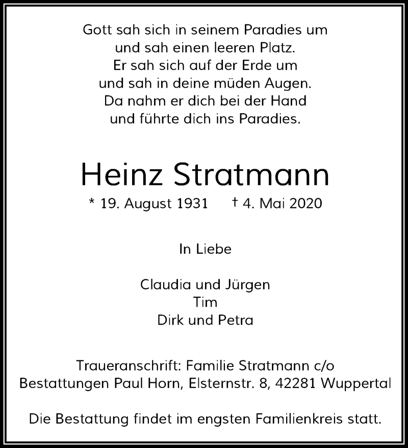  Traueranzeige für Heinz Stratmann vom 09.05.2020 aus trauer.wuppertaler-rundschau.de