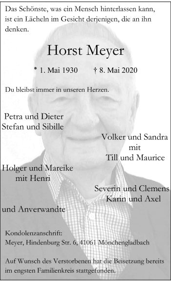Traueranzeige von Horst Meyer von trauer.extra-tipp-moenchengladbach.de