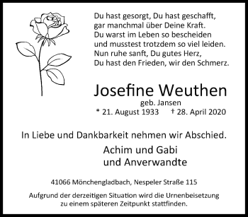Traueranzeige von Josefine Weuthen von trauer.extra-tipp-moenchengladbach.de