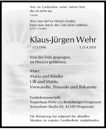 Traueranzeige von Klaus-Jürgen Wehr von trauer.wuppertaler-rundschau.de