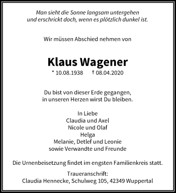 Traueranzeige von Klaus Wagener von trauer.wuppertaler-rundschau.de