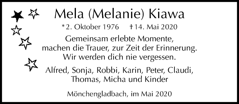  Traueranzeige für Melanie  Kiawa vom 17.05.2020 aus trauer.extra-tipp-moenchengladbach.de